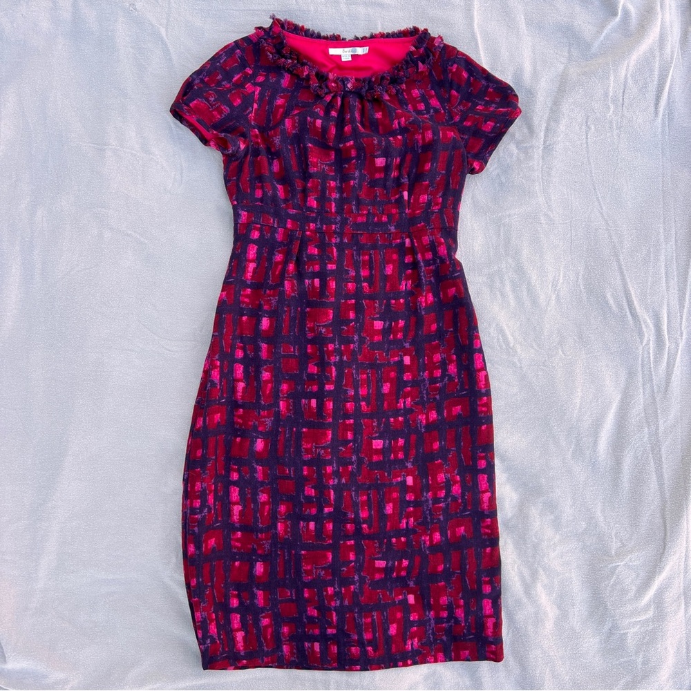 Boden Pink, Red and Purple Crosshatched Patterned Midi Dress